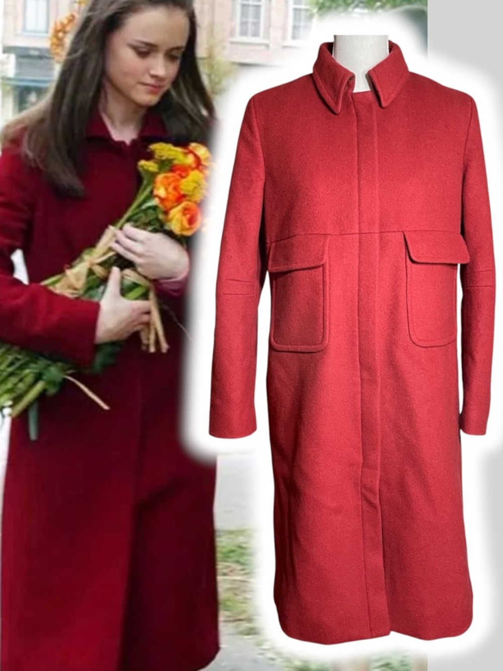 J Crew Wool Coat M Long Trench Burgundy Red Rory Gilmore Girls Classic Formal
